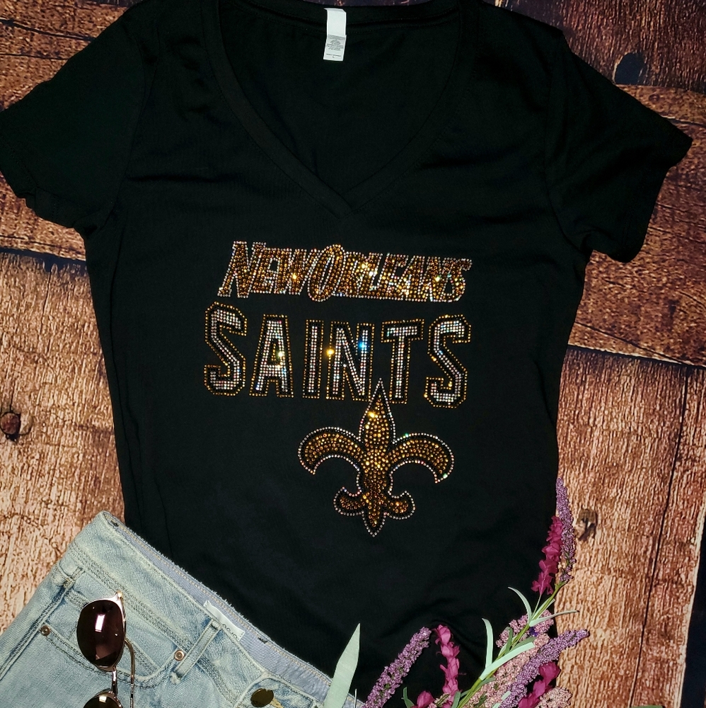 New Women's New Orleans Saints Rhinestone V-Neck - Picture 2 of 5
